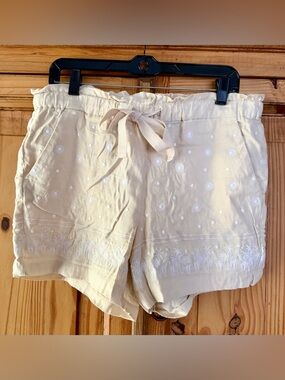 LOFT Light Yellow with a hint of Beige Embroidered High-Waist Drawstring Shorts